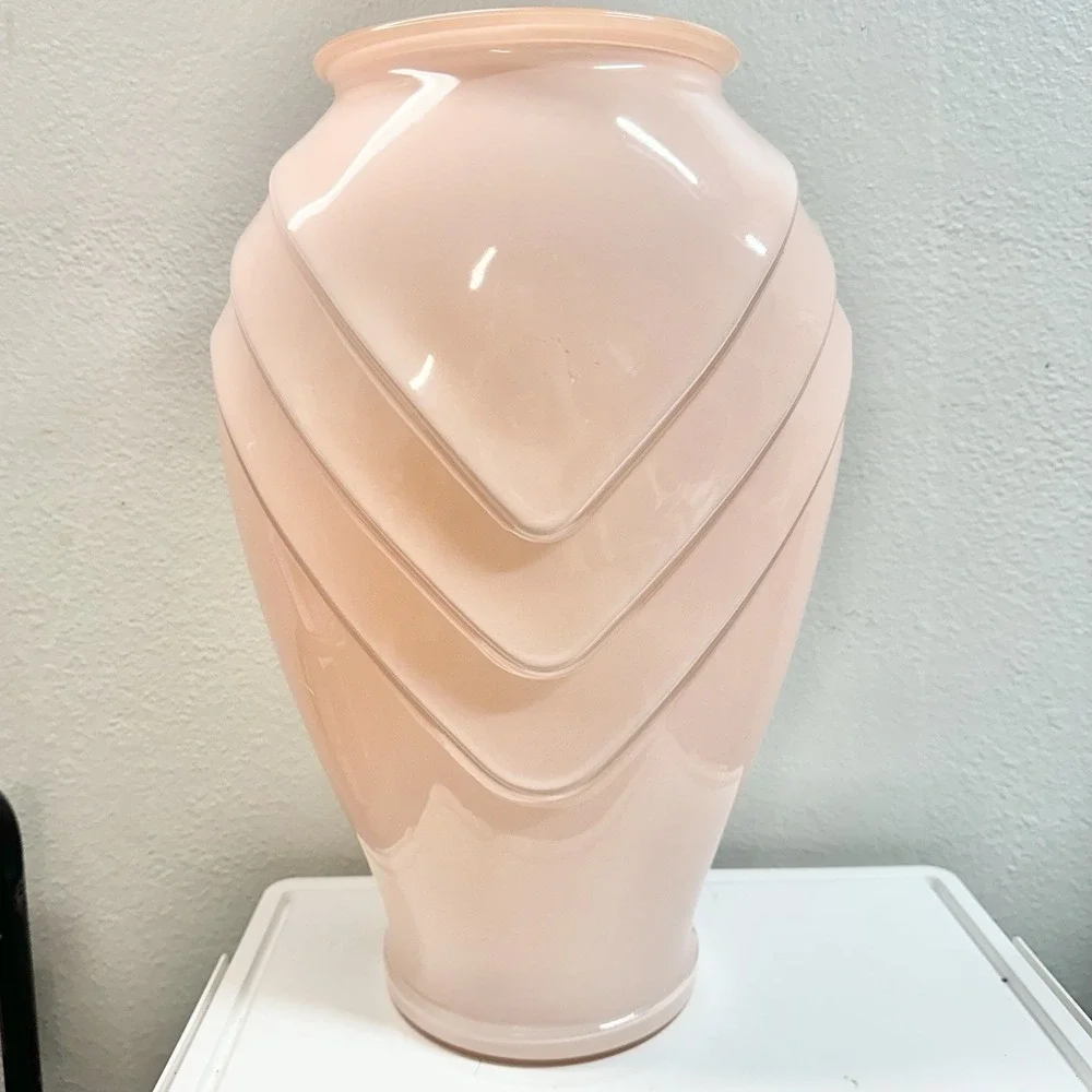 Vintage Pink Art Deco Chevron Floor Vase Large Blush Cased Glass 16